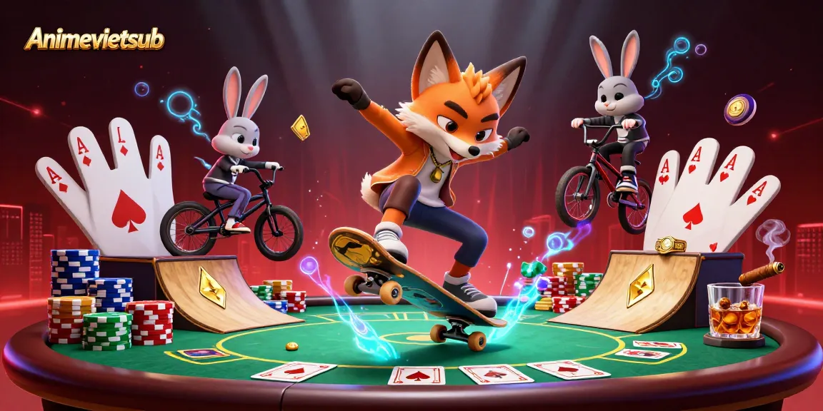 Experience the vibrant energy of Animevietsub with a dynamic 3D scene featuring animated characters and casino-themed elements.