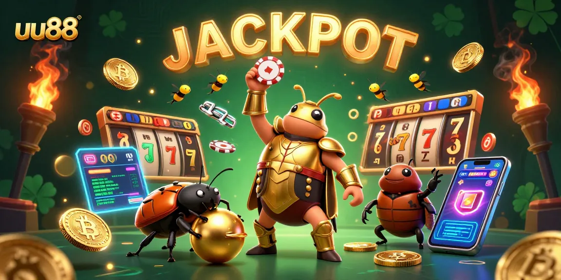 Win big at uu88 with a victorious beetle in a dynamic casino-themed scene.