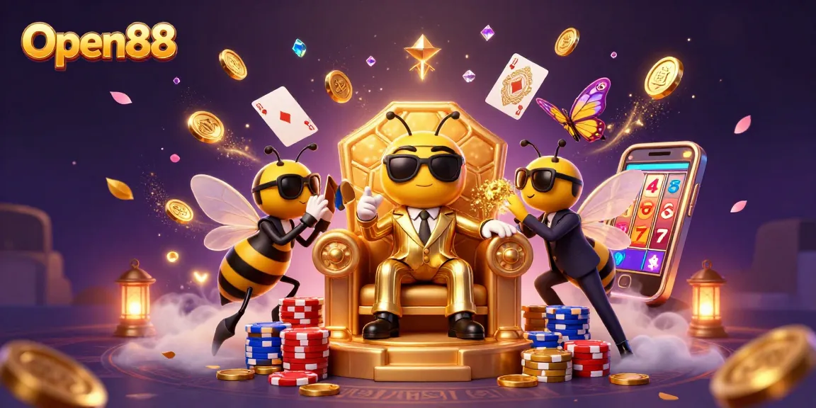 Open88 showcases thrilling gameplay with a cartoon mob boss, towering poker chips, and sparkling gems.