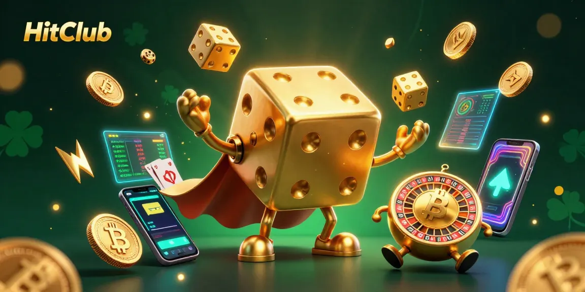 HitClub’s golden dice golem and friends create an exciting 3D gambling scene with neon crypto elements.