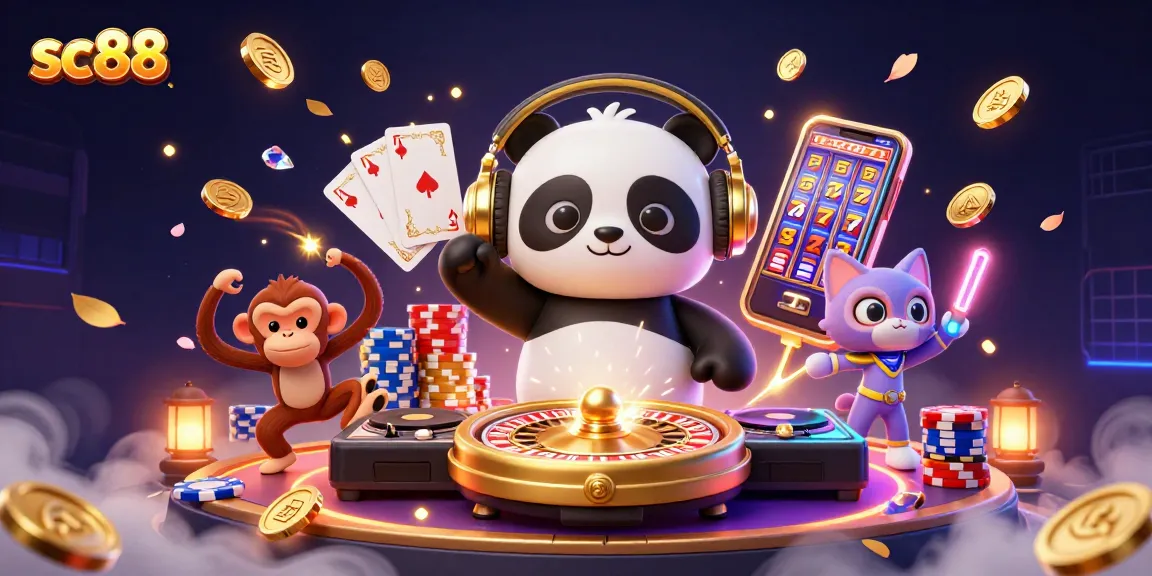 Experience thrilling wins with sc88 in this vibrant casino scene featuring lively characters and gaming elements.