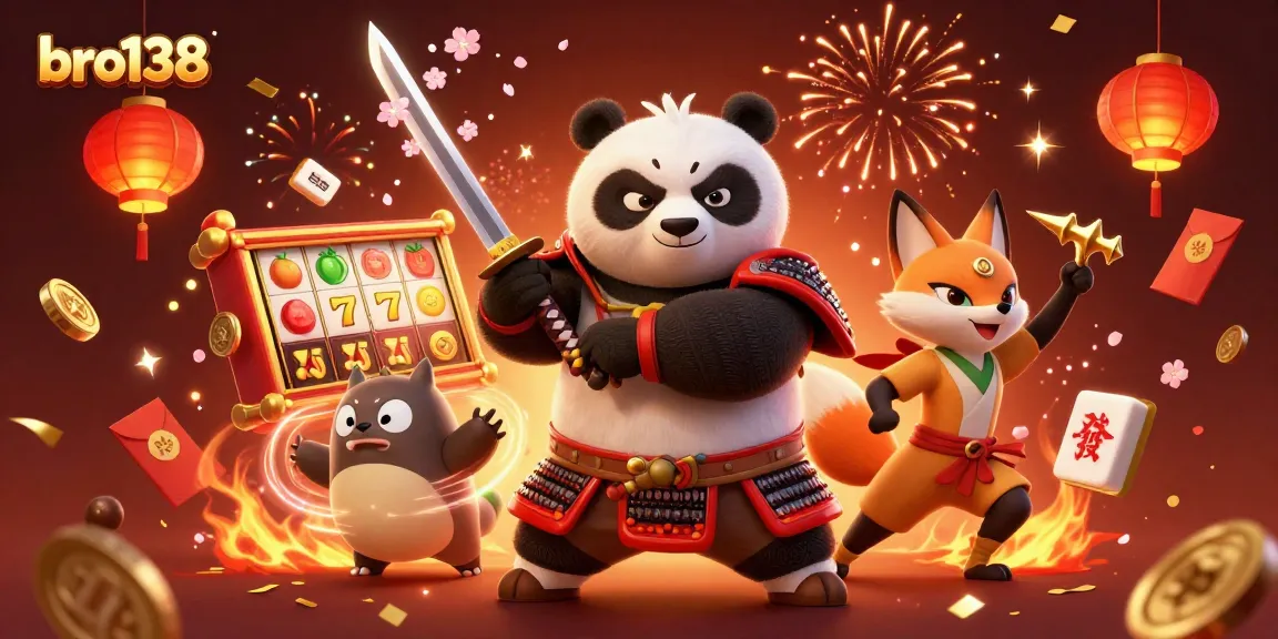 Play lucky slots with bro138 as you join a samurai panda and ninja fox in a vibrant casino adventure.