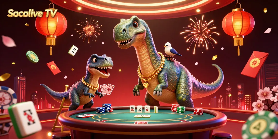 Socolive TV engages gamers with a lively casino scene, featuring a playful dinosaur dealer and vibrant gaming elements.